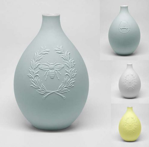 Russell Hackney’s collection of Egg Vases are meticulously embossed with insects,flowers and leaves inspired by those seen in his garden on Bowen Island. Photo courtesy Russell Hackney Ceramics